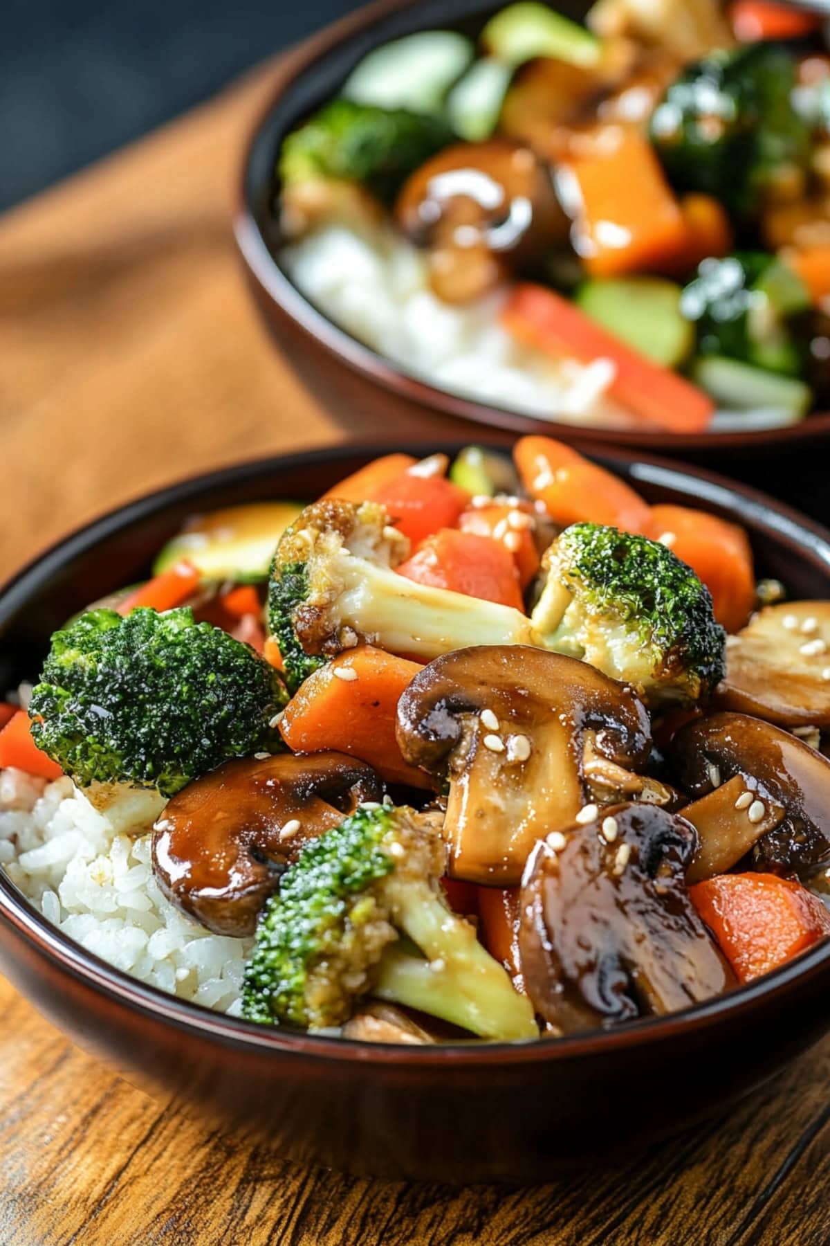 Hibachi vegetables made with zucchini, carrots, broccoli, and shiitake mushrooms served with white rice in black bowls.