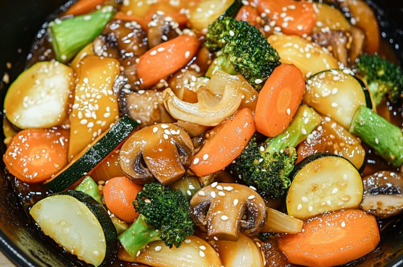 Hibachi vegetables tossed in a skillet pan.