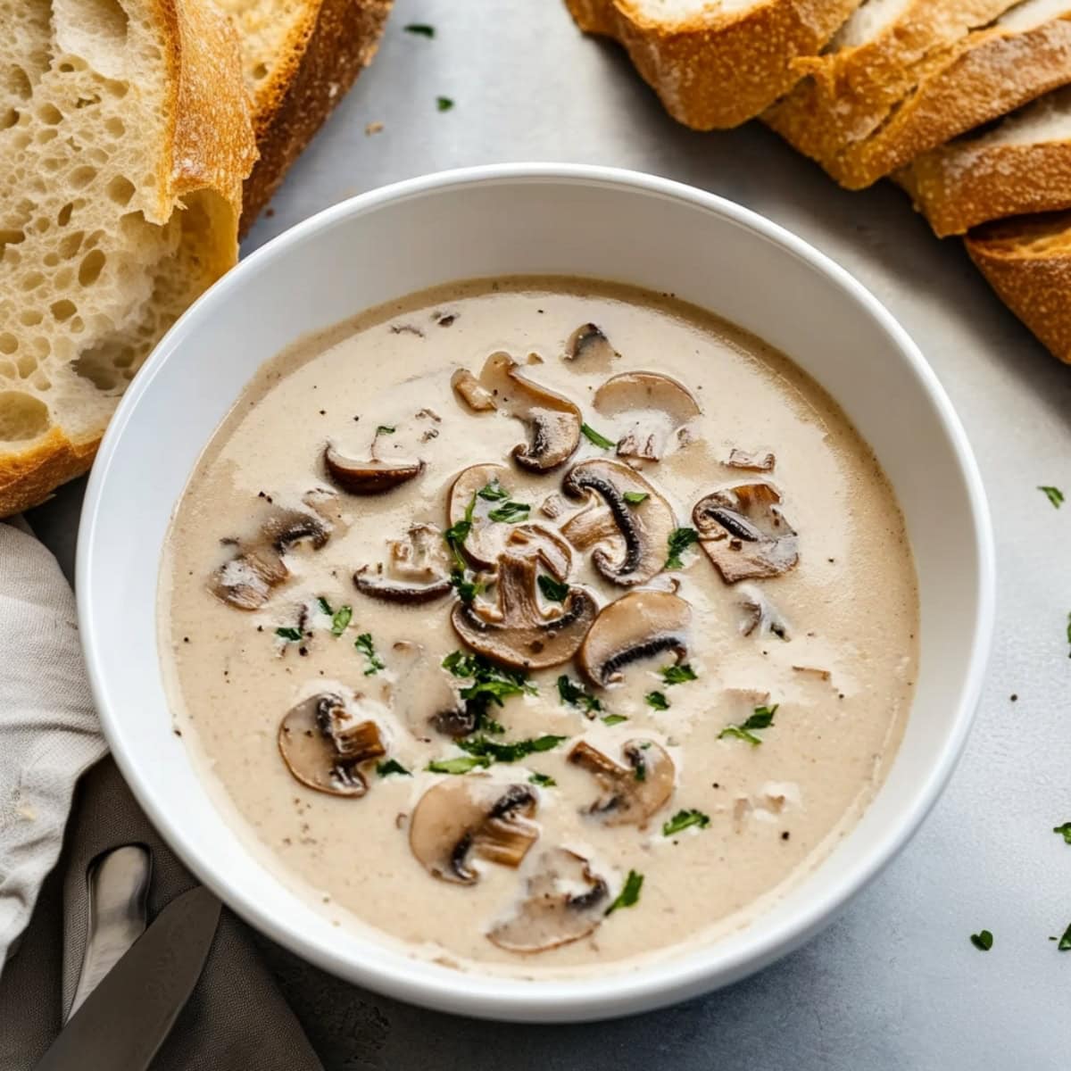 A bowl of homemade cream of mushroom soup, garnished with fresh parsley.