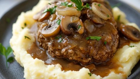 Hamburger steak drizzled with gravy, with a side of mashed potatoes in a plate.