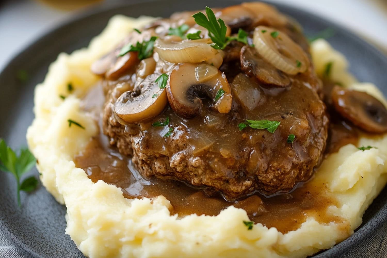 Hamburger steak drizzled with gravy, with a side of mashed potatoes in a plate.