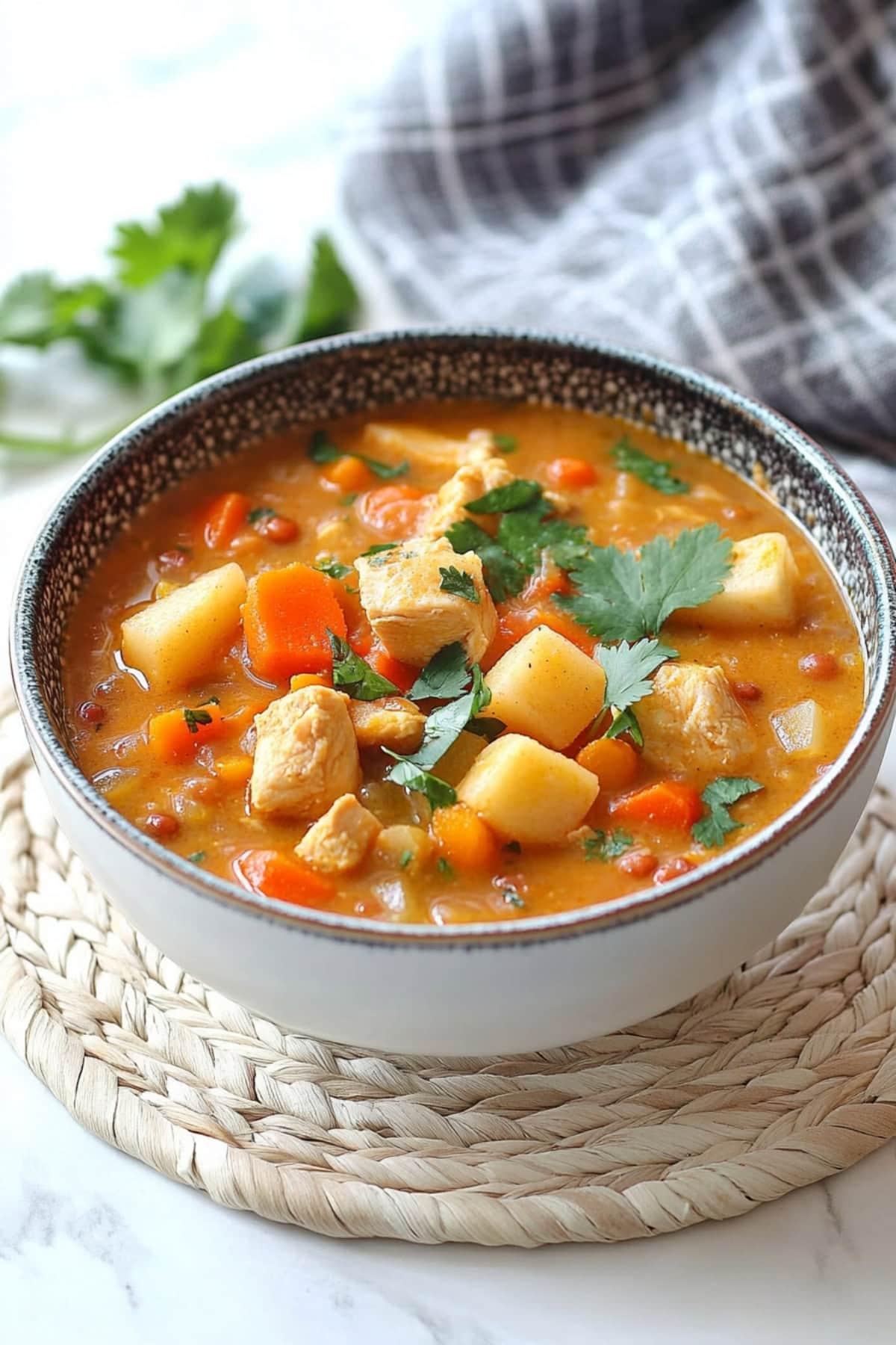 Mulligatawny soup served in a ceramic bowl, rich in color and sprinkled with cilantro.