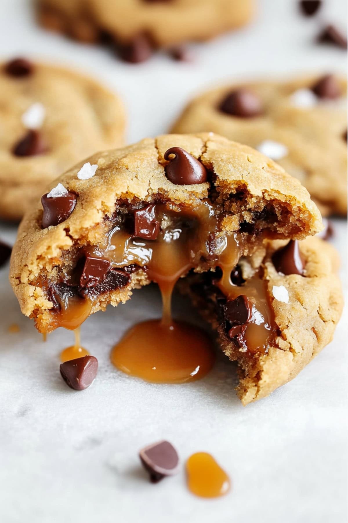 Stack of salted caramel chocolate chip cookies with a hint of sea salt.