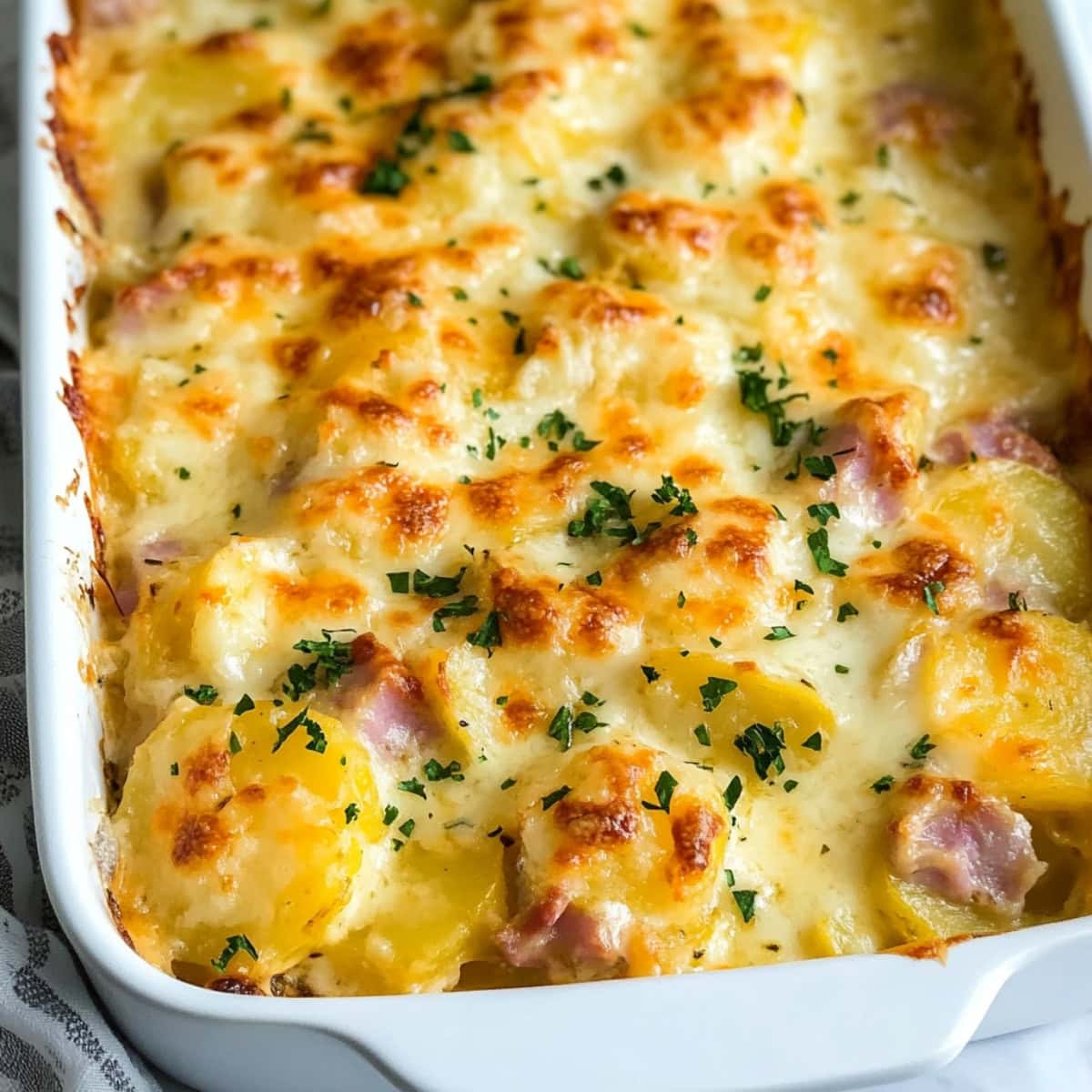 Scalloped potatoes and ham, layered in a baking dish, with creamy sauce and melted cheese covering the top.