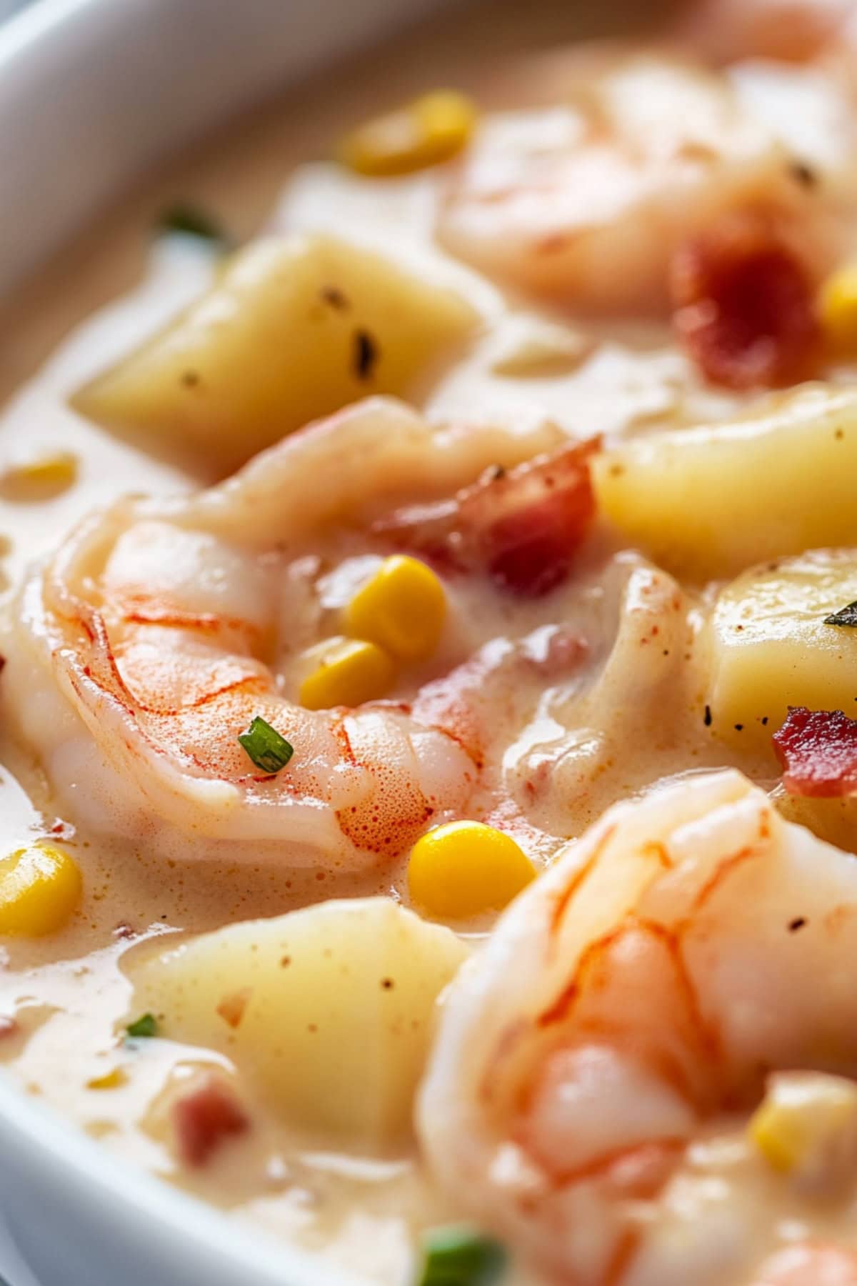 Close-up of shrimp chowder showing pieces of corn, bacon and potatoes.