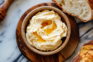 Honey butter served in a wooden bowl with slices of wheat bread on the side.