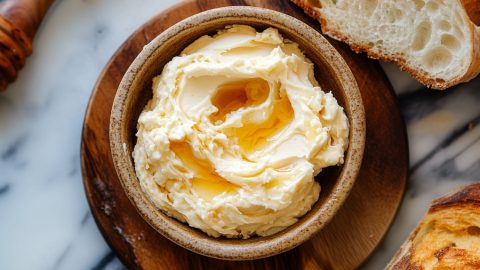 Honey butter served in a wooden bowl with slices of wheat bread on the side.
