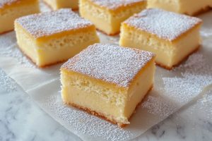 Lemon custard cake slices sitting on parchment paper.