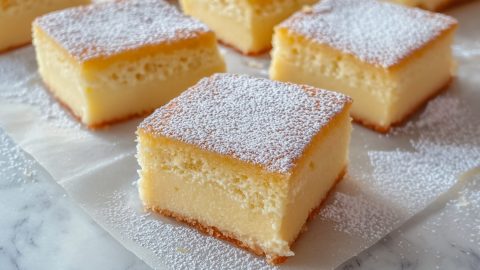 Lemon custard cake slices sitting on parchment paper.
