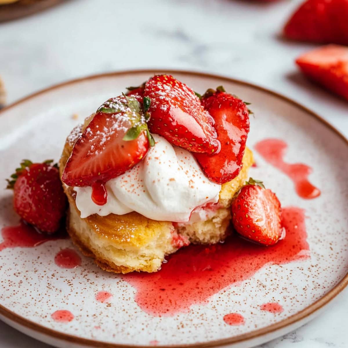 Macerated strawberries served on top of a biscuit in a plate.