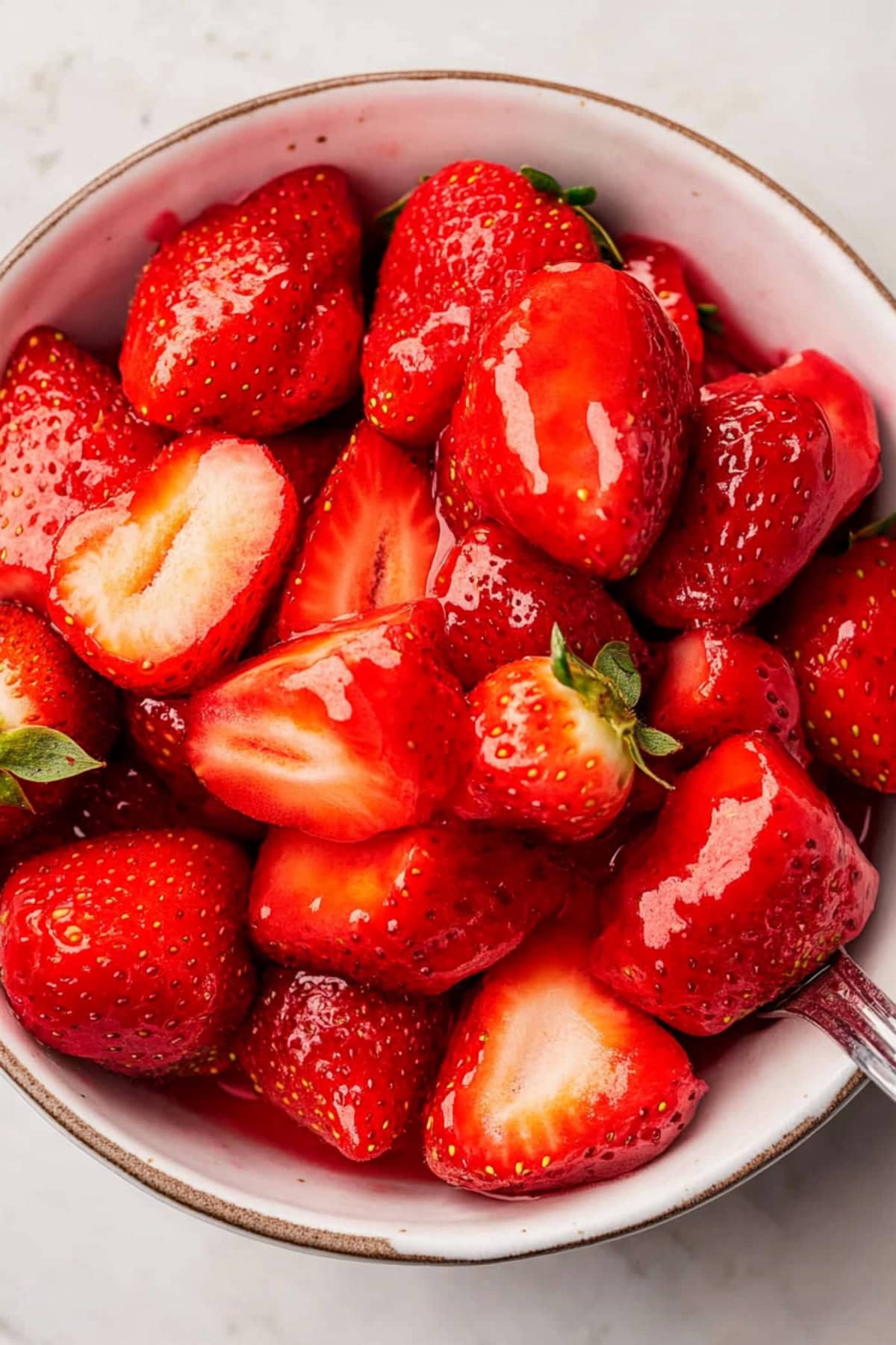 Melted sugar coated strawberries in white bowl.