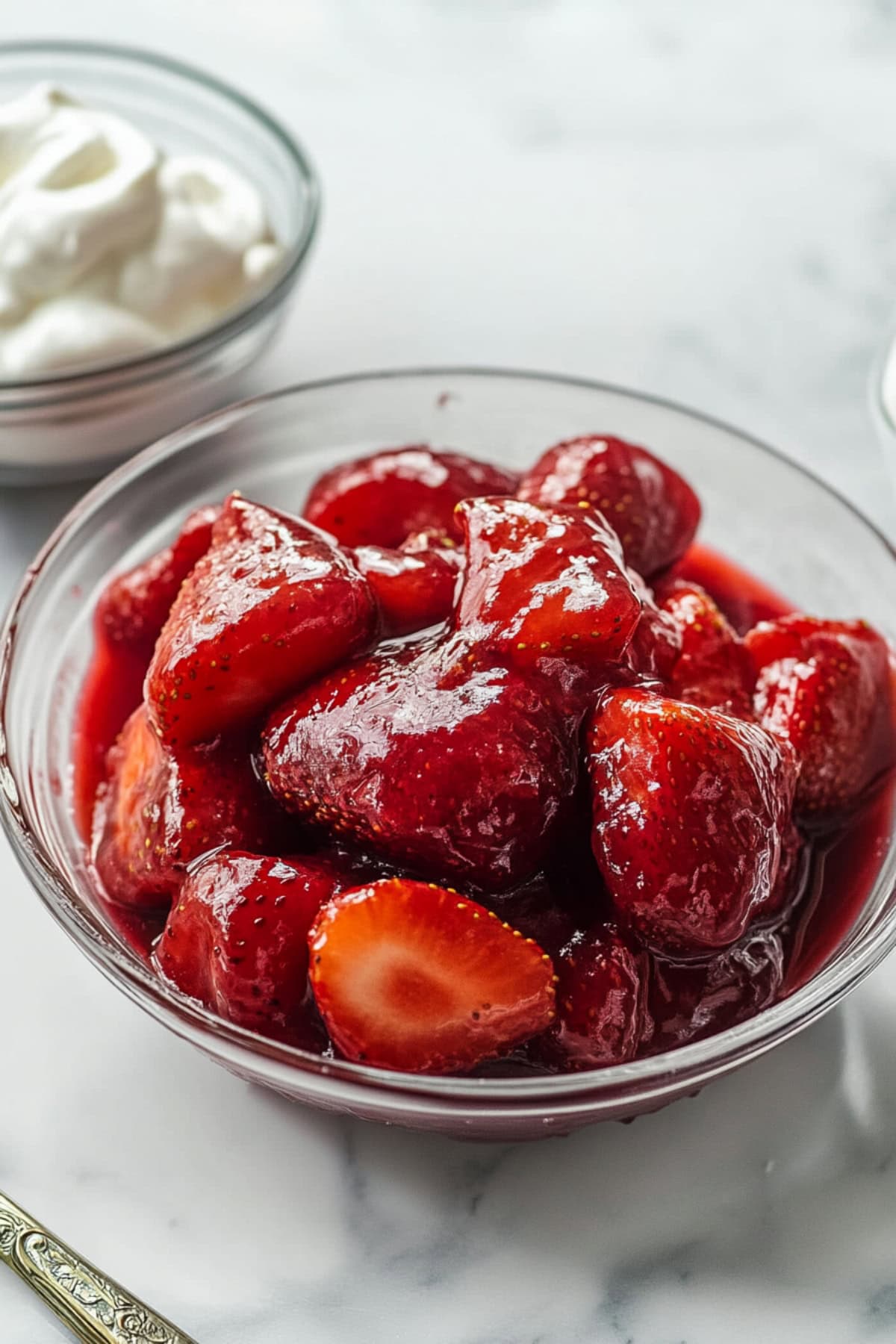 macerated strawberries in a glass bowl.