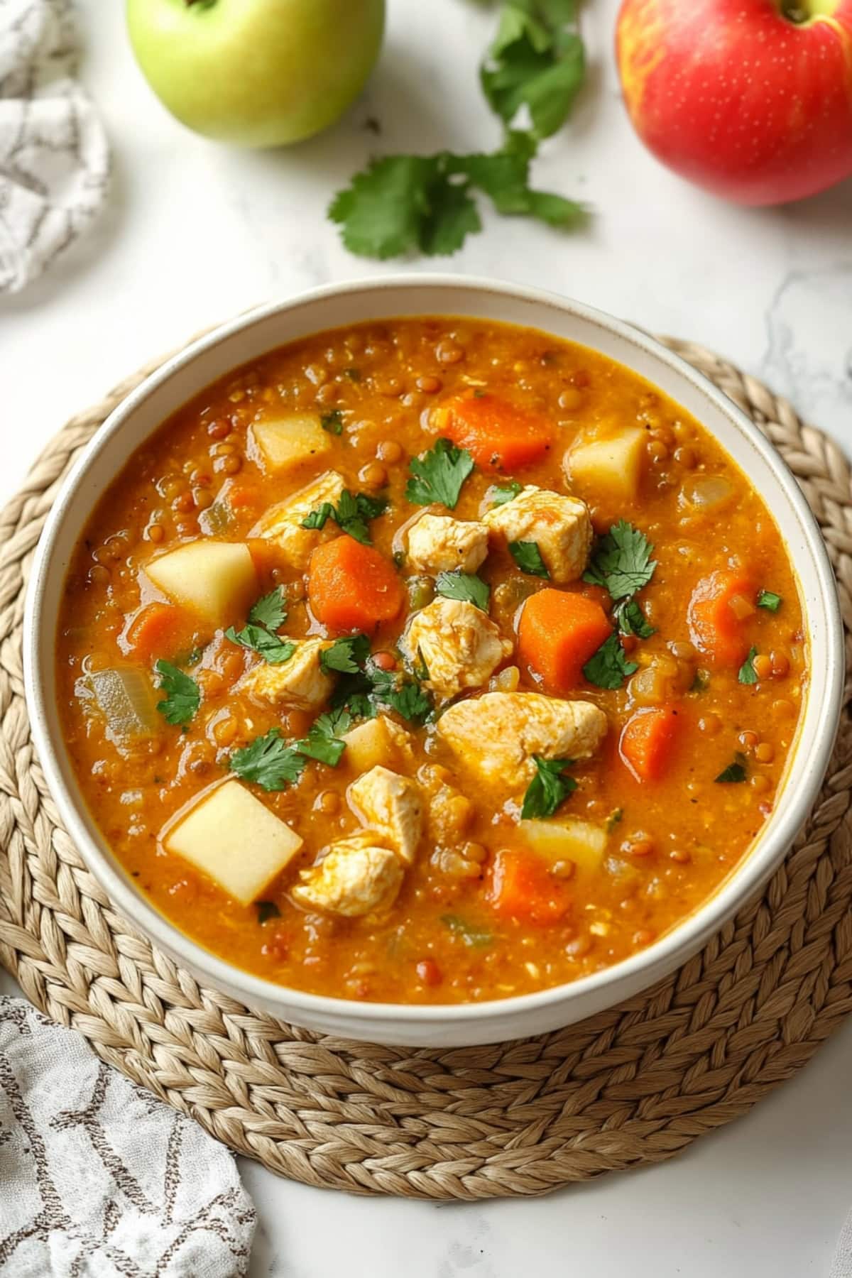 A bowl of Mulligatawny soup with chicken, carrots and potatoes.