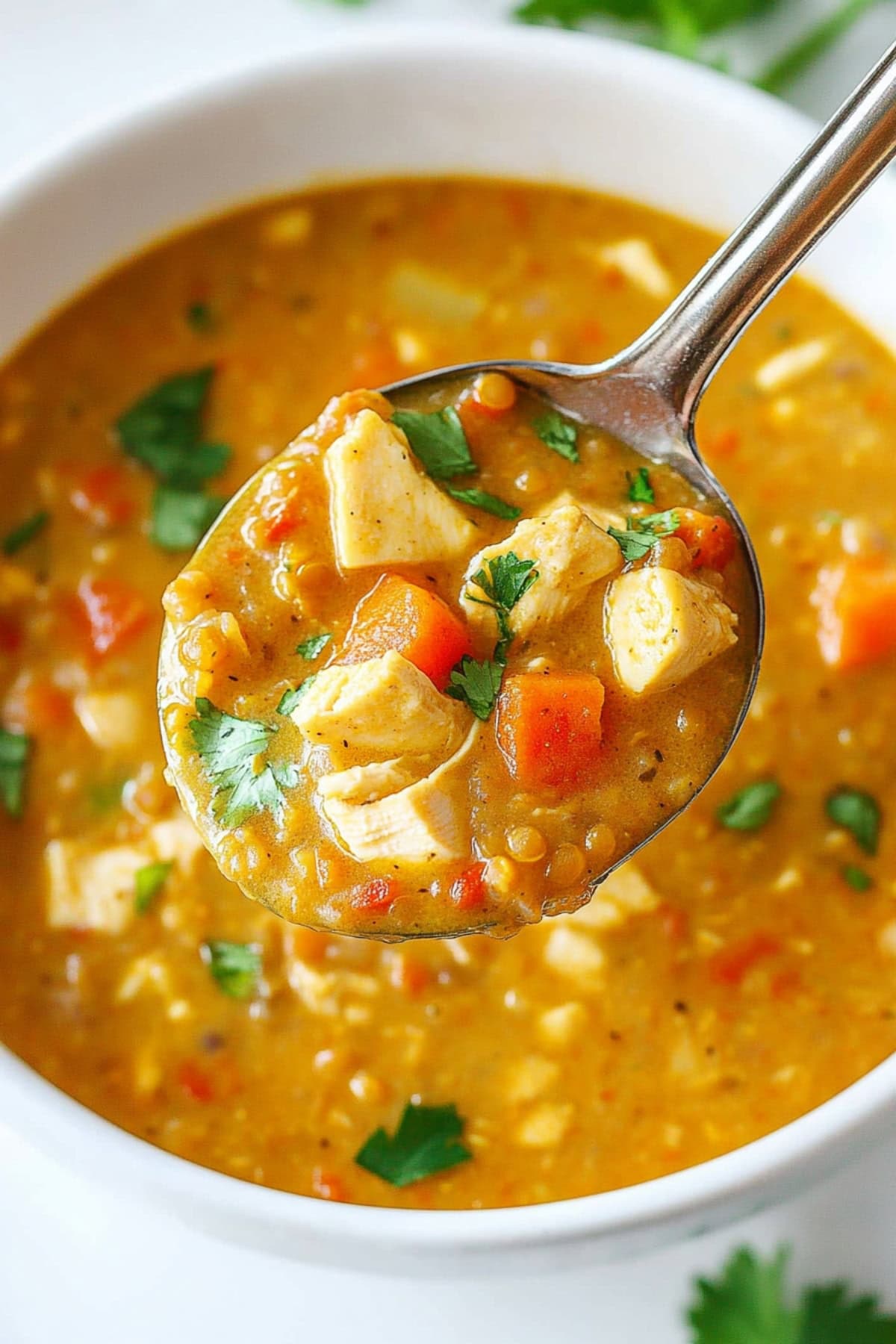 A spoonful of Mulligatawny soup with chicken and red lentils.