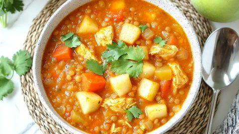 An overhead view of a bowl of mulligatawny soup, showcasing chunks of vegetables and rice.