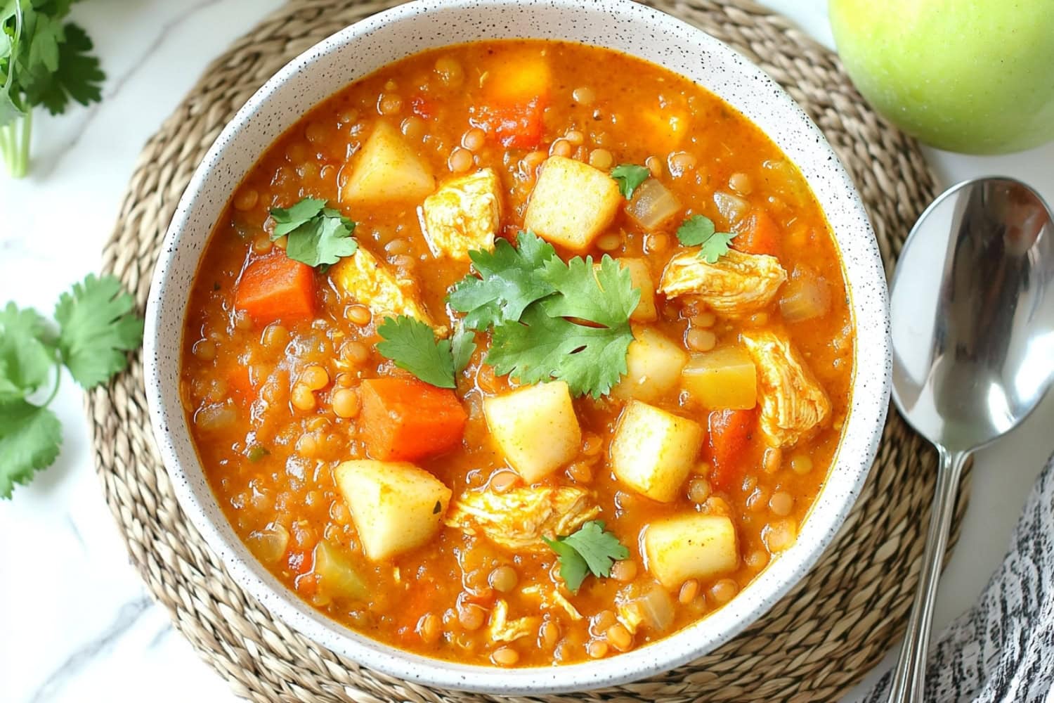 An overhead view of a bowl of mulligatawny soup, showcasing chunks of vegetables and rice.