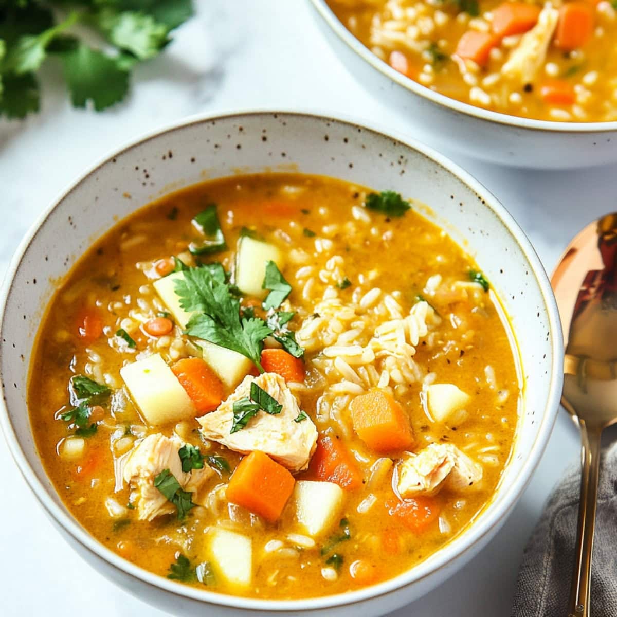 Close-up shot of a hearty mulligatawny soup filled with lentils, carrots, and green cilantro leaves.