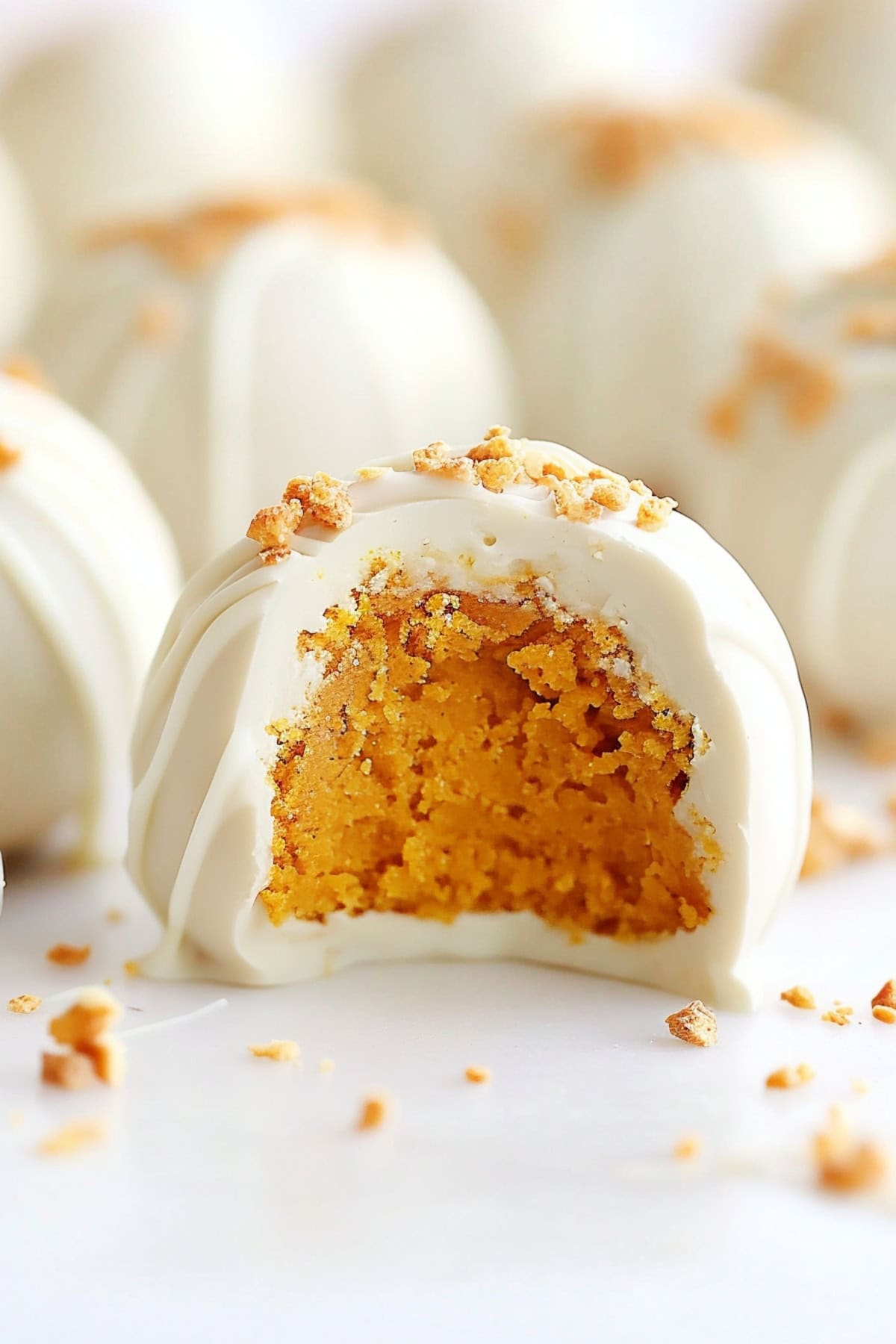 No-bake pumpkin cheesecake chocolate ball, close up showing the filling