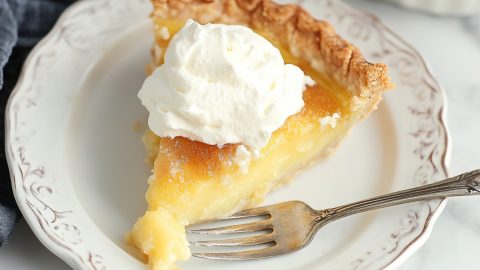 Old Fashioned Vinegar Pie On a plate with whipped cream