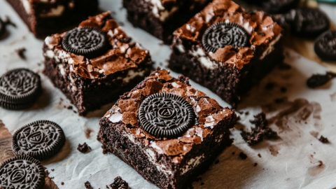 Freshly baked oreo brownies on a parchment paper.