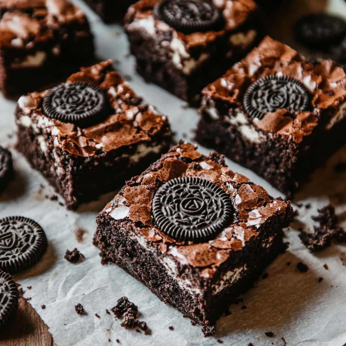 Dense chocolate brownie with Oreo cookies on top.