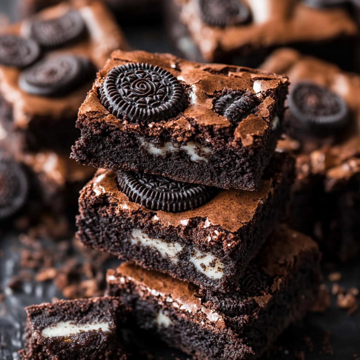 A stack of cookies and cream brownies 