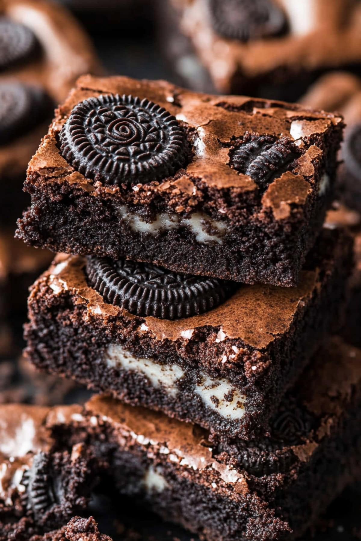 Homemade oreo brownies with creamy filling stacked on a table, close up