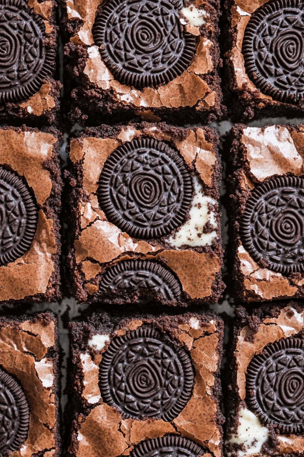 Moist brownies with Oreos on top, cut into squares, top view