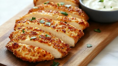 Parmesan crusted chicken sitting on a wooden board, dipping sauce on the side.