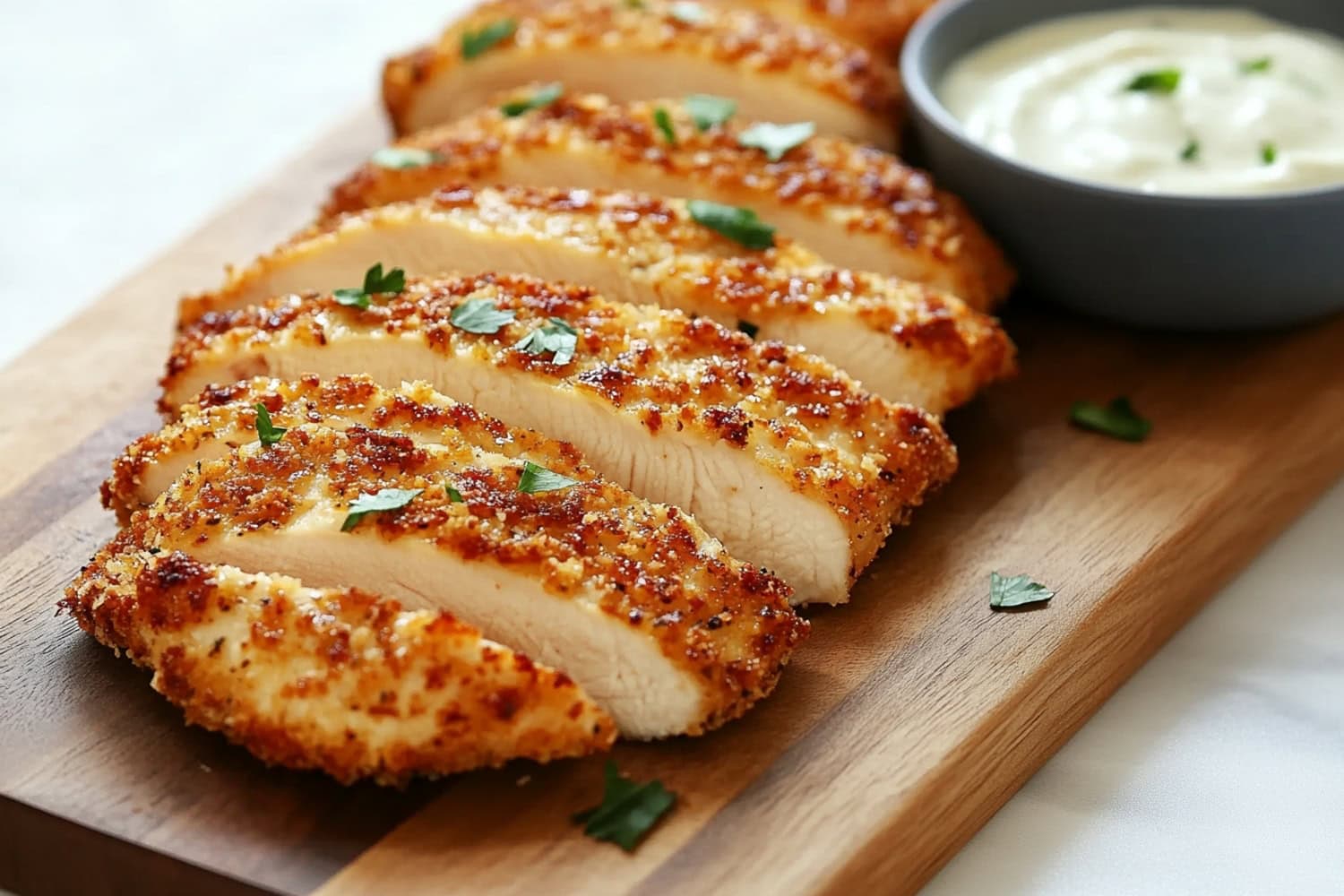 Parmesan crusted chicken sitting on a wooden board, dipping sauce on the side.