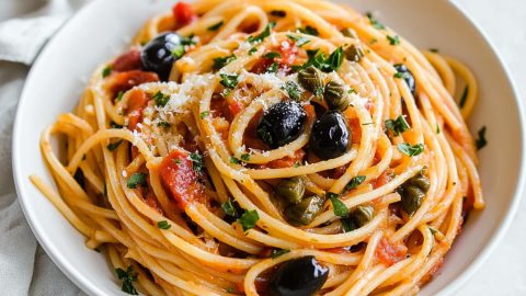 Pasta puttanesca serving garnished with grated parmesan cheese in a white bowl.