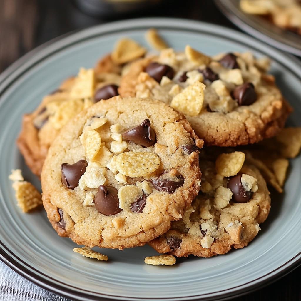 Potato chip cookies with mini chocolate chips on a plate