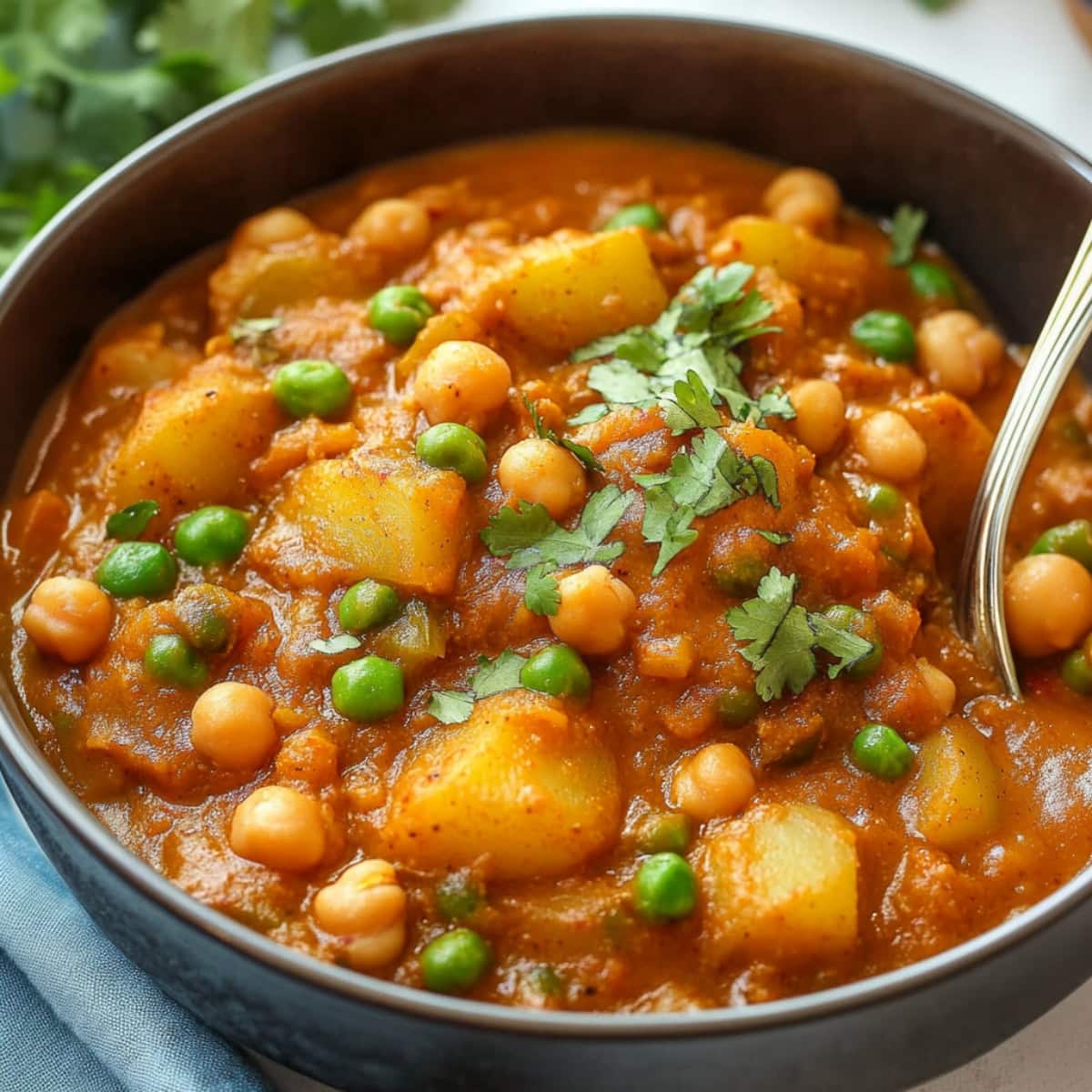 A close-up shot of potato curry with green peas and yellow chickpeas in a bowl.