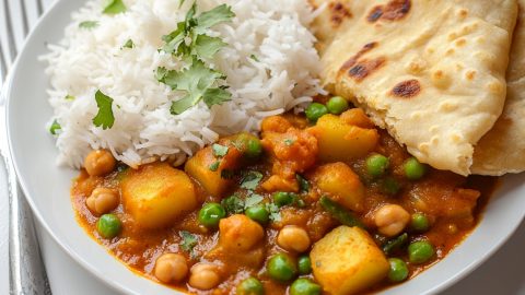 Savory homemade potato curry with a serving of basmati rice and soft naan bread.