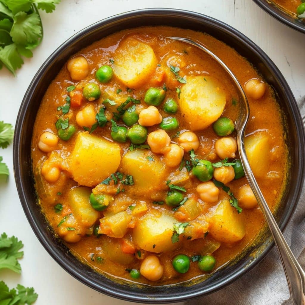 A bowl of potato curry with chickpeas and green peas, top view