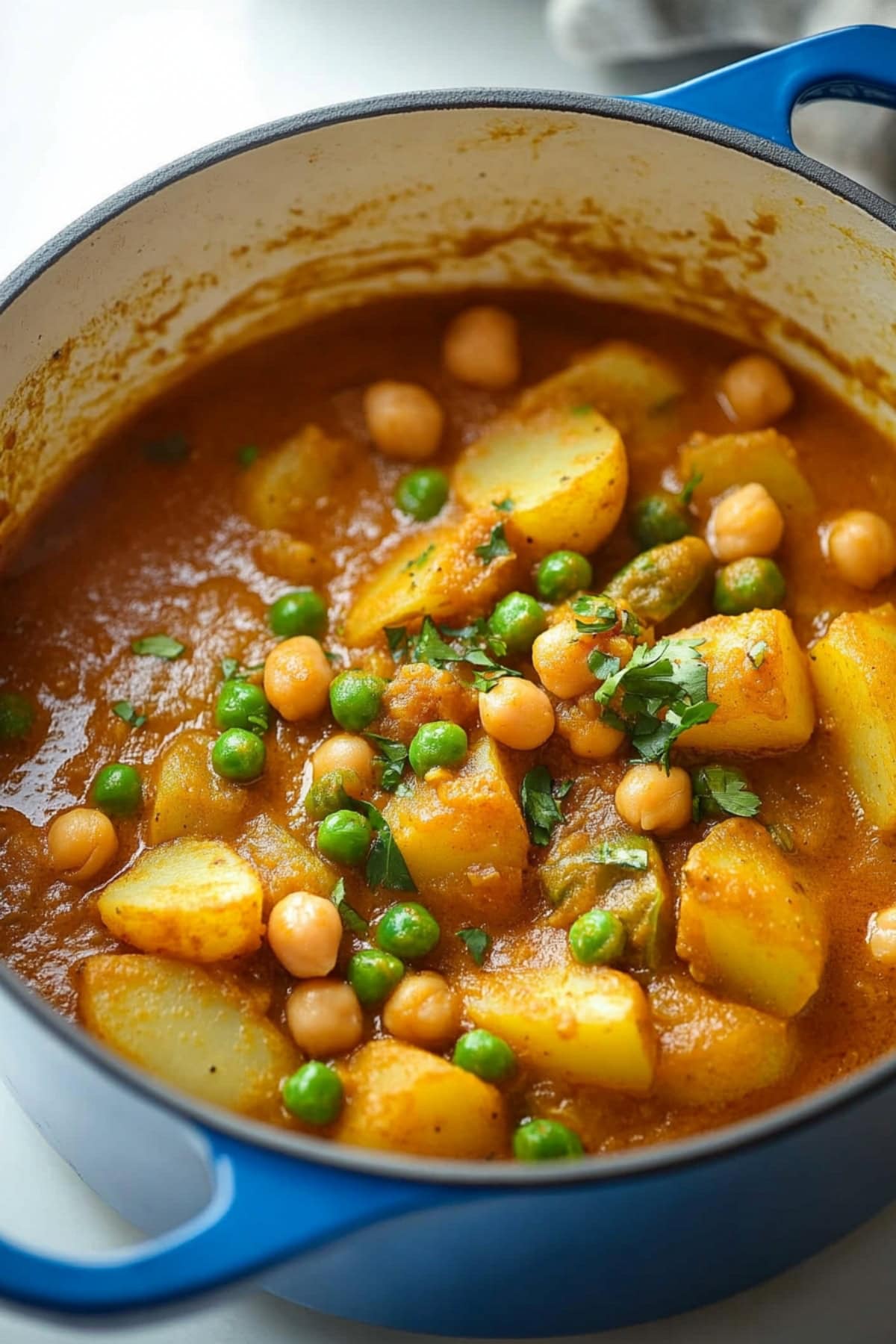 A casserole dish of potato curry with green peas and chickpeas, garnished with chopped cilantro.