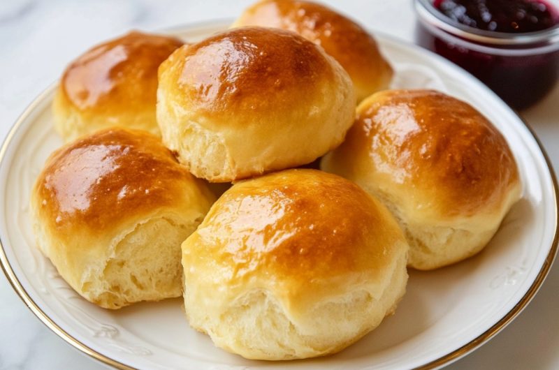 Fluffy potato rolls arranged neatly on a plate with a jar of jam.