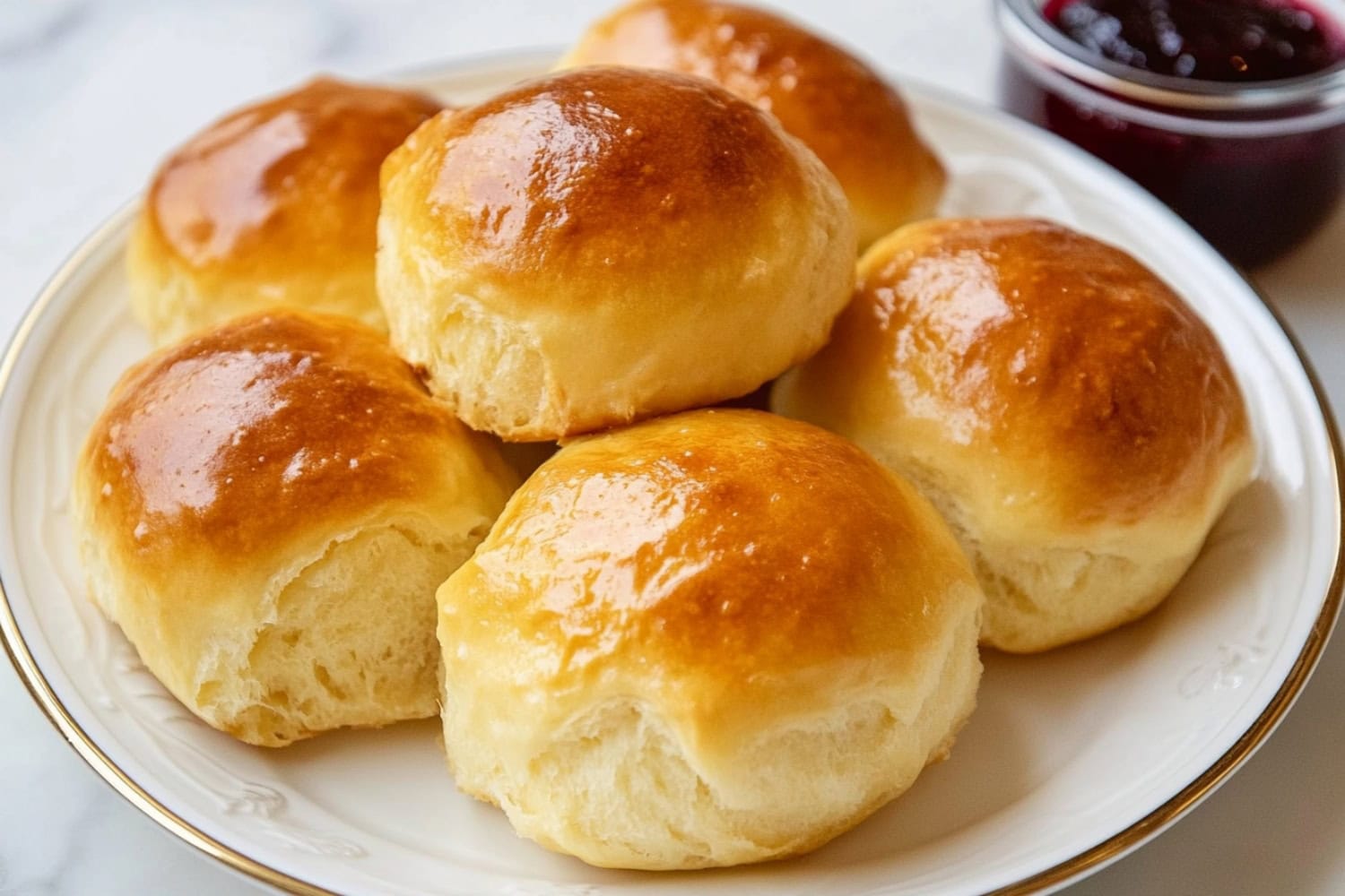 Fluffy potato rolls arranged neatly on a plate with a jar of jam.