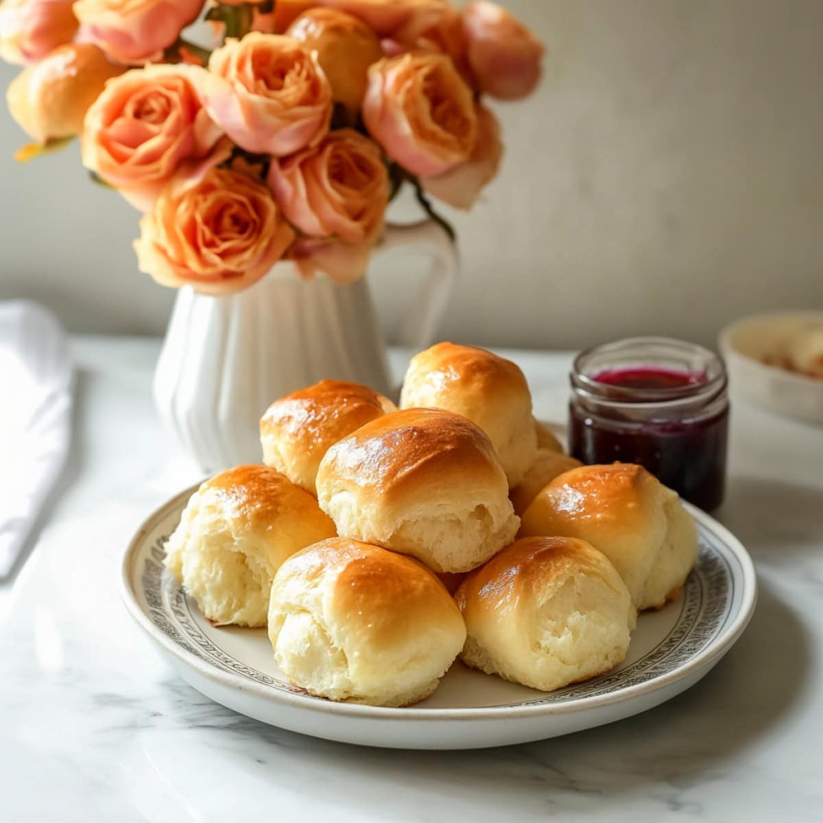 A stack of potato rolls in a plate served with a jar of jam.