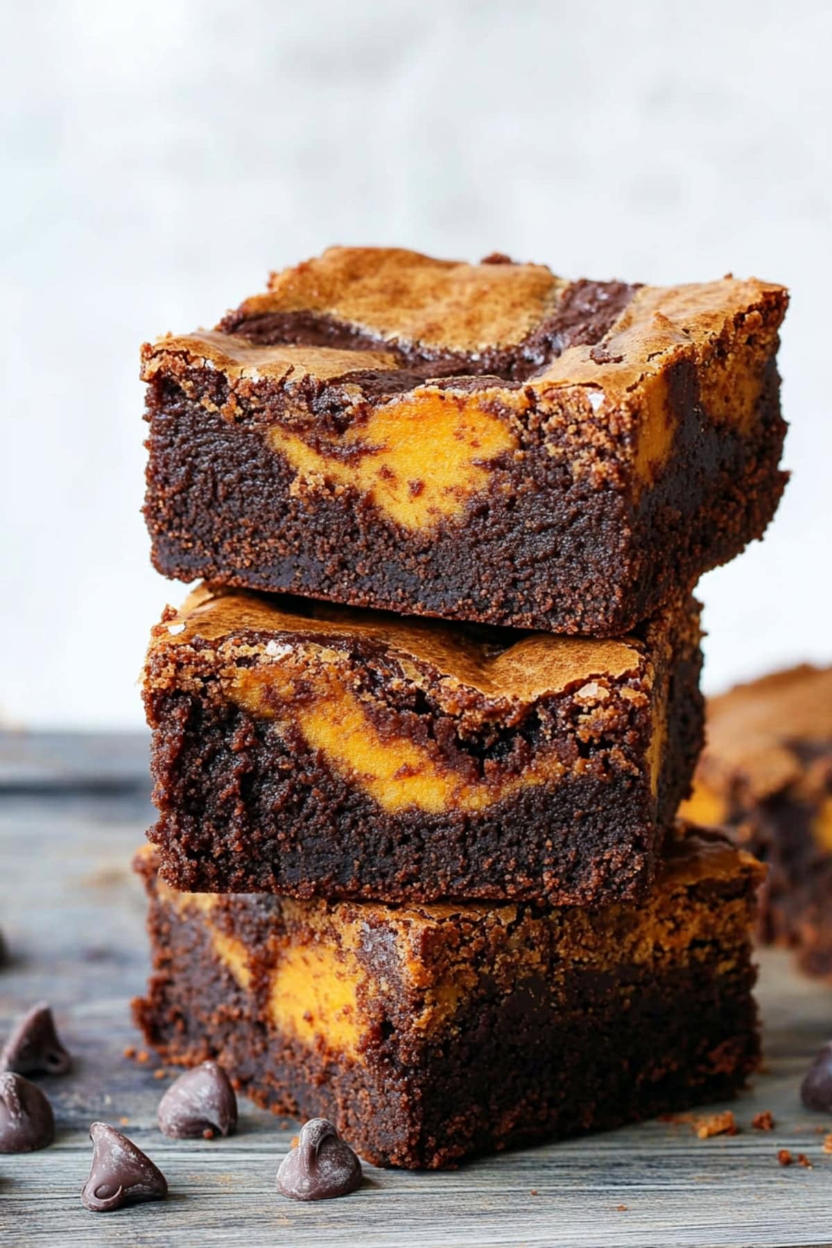 Pumpkin Brownies stacked on a kitchen table, side view