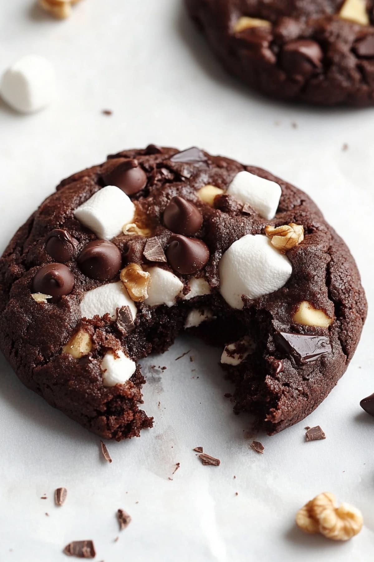 Rocky road cookies on a light table, one has a bite removed