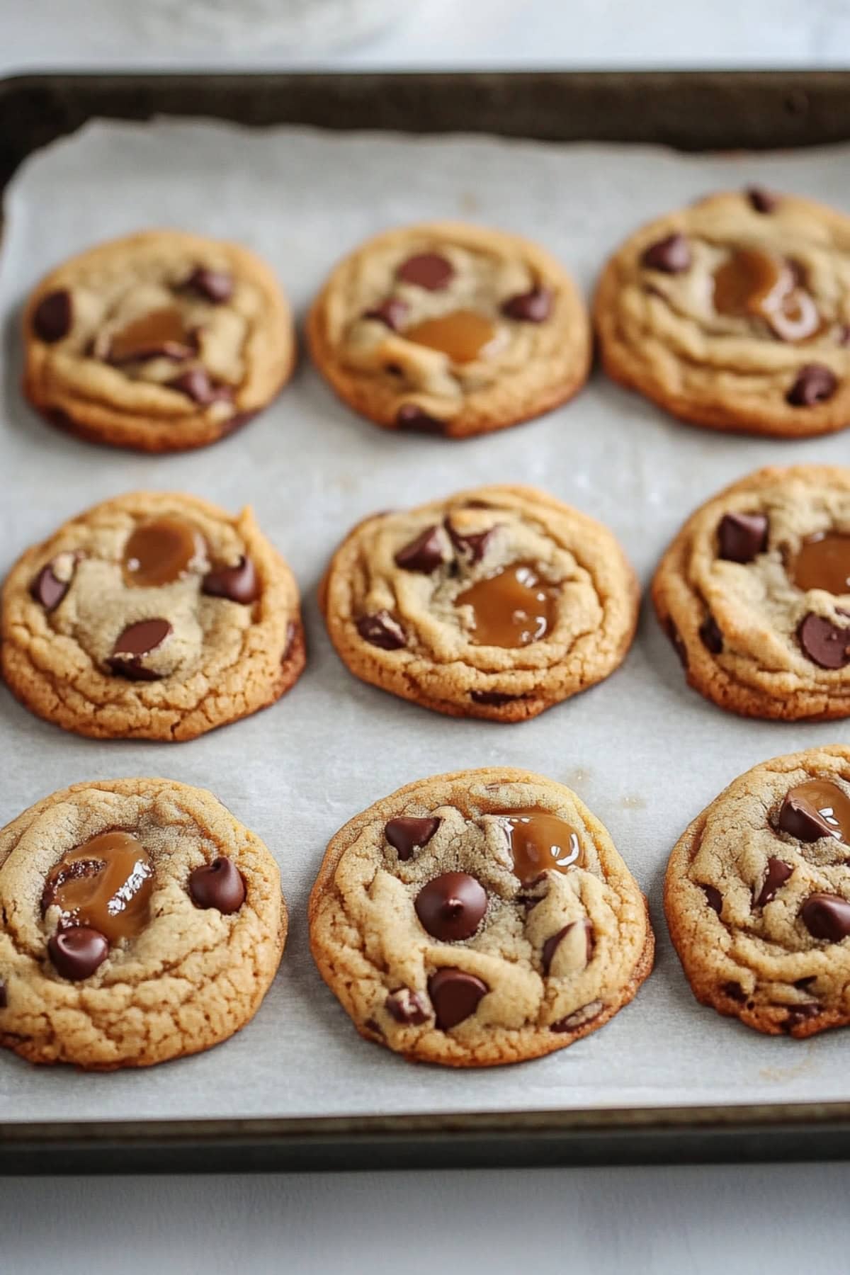 A baking sheet of salted caramel chocolate chip cookies.