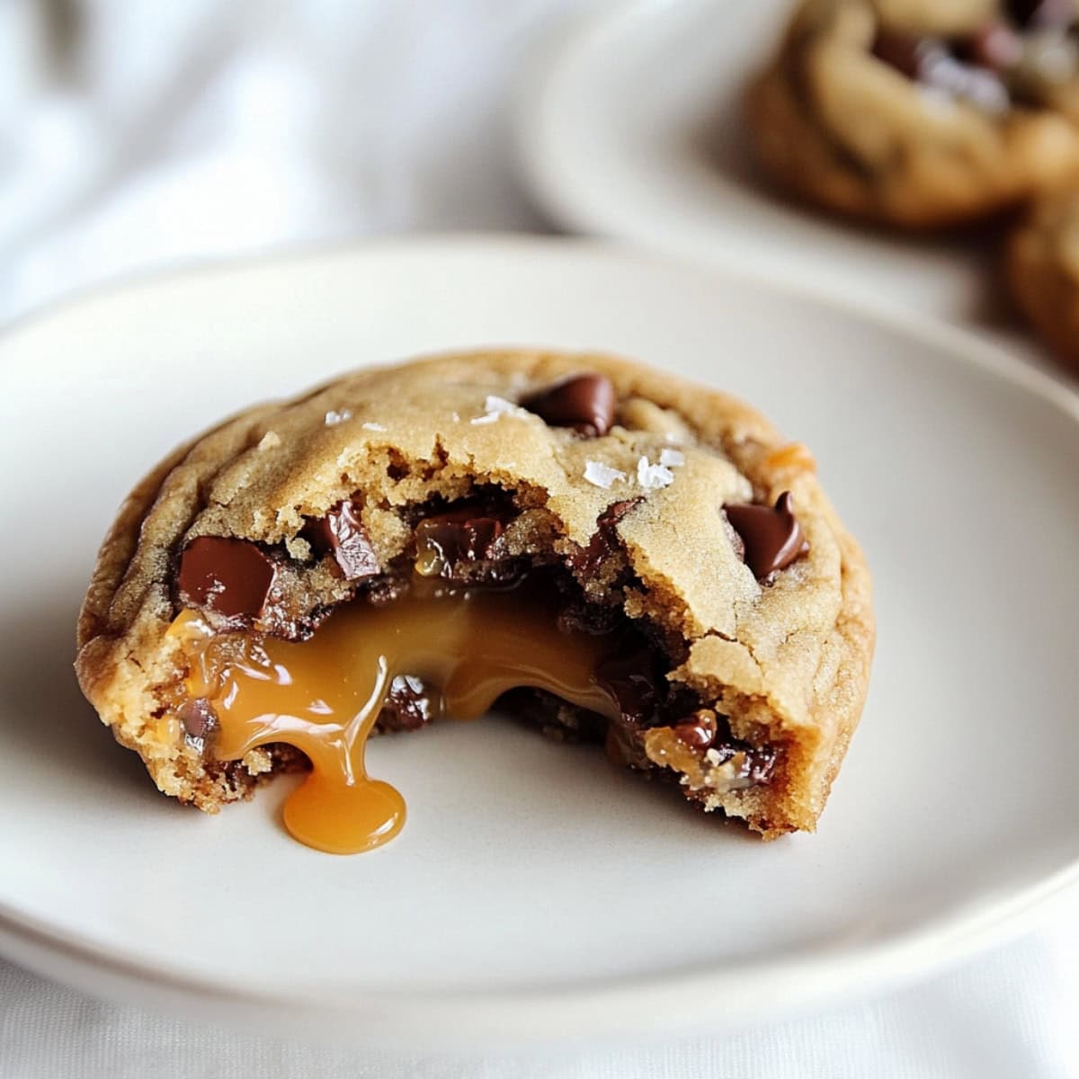 A piece of salted caramel chocolate chip cookies sitting in a plate.