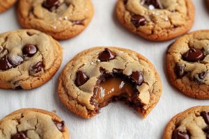 Salted caramel chocolate chip cookies with a light dusting of salt flakes, with a broken cookie revealing the caramel inside.