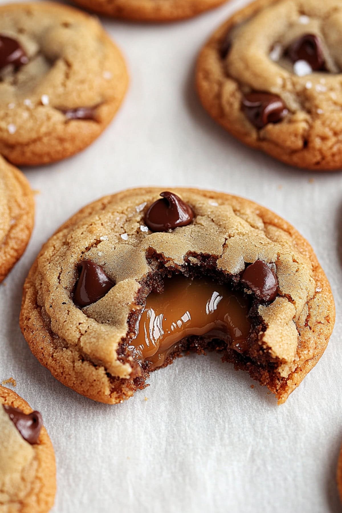 Sweet and chewy homemade salted caramel chocolate chip cookies on parchment paper.