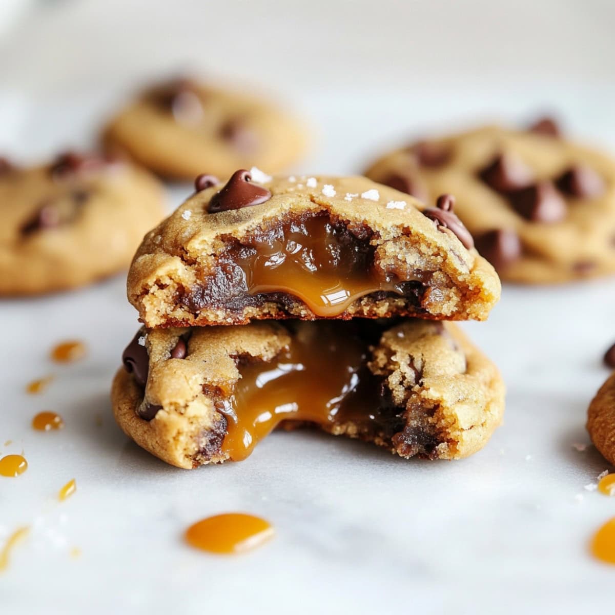 Two salted caramel chocolate chip cookies on a white marble table.