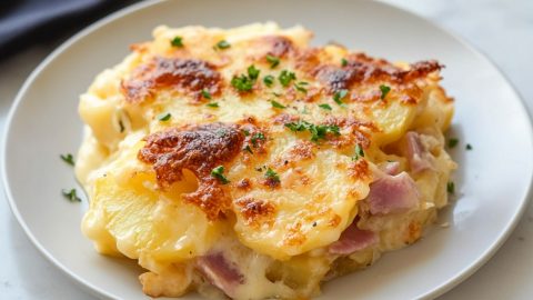 Savory homemade cheesy scalloped potatoes and ham served in a white plate.