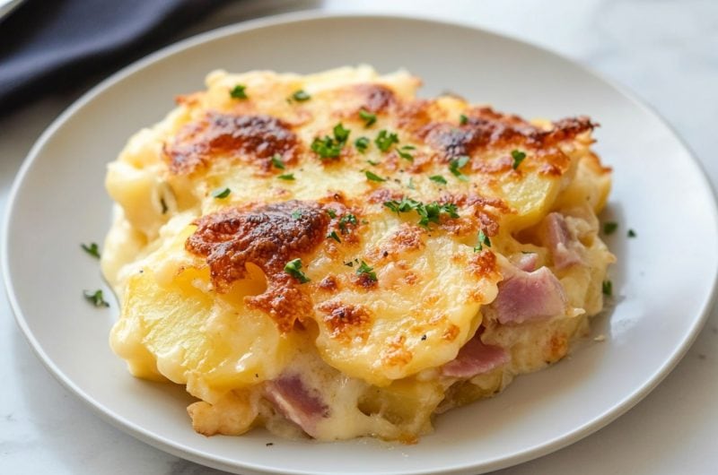 Savory homemade cheesy scalloped potatoes and ham served in a white plate.