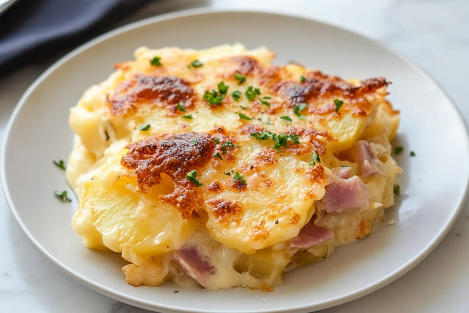 Savory homemade cheesy scalloped potatoes and ham served in a white plate.