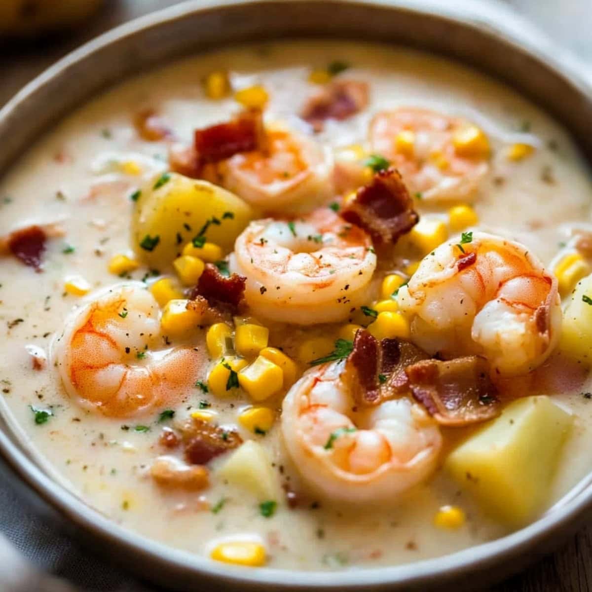 A close-up shot of shrimp chowder with corn kernels, bacon and potatoes.